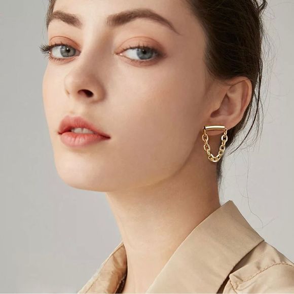 GOLD & SILVER PLATED STAINLESS STEEL GEOMETRIC CHAIN DANGLE DROP INDUSTRIAL EAR - Picture 7 of 14